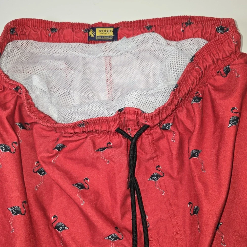 Rugby University Red w/ Cool Black Flamingo Print Swim Trunks Shorts Size Large‎